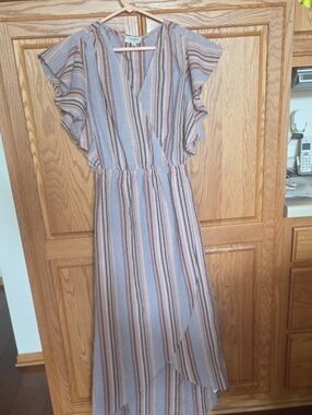 Umgee Striped Ruffle Sleeve Maxi Dress Beige Purple Blue Small Surplice neck